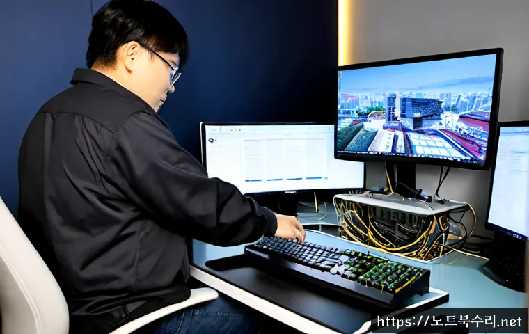 원남동 케이블연결확인 - Photorealistic IT support workstation in Wonam-dong, Seoul, technician verifying an Ethernet cable c...