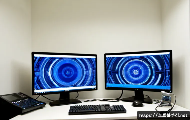 인지동 STATUS_KERNEL_CONFIGURATION_ERROR - Photorealistic computer repair workstation in a compact Korean neighborhood office, dual monitors sh...
