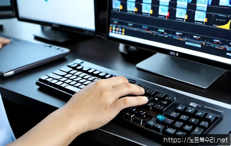 춘의동 press  f4  key - Photorealistic close-up of a modern workstation in a quiet Chunui-dong industrial office, an enginee...