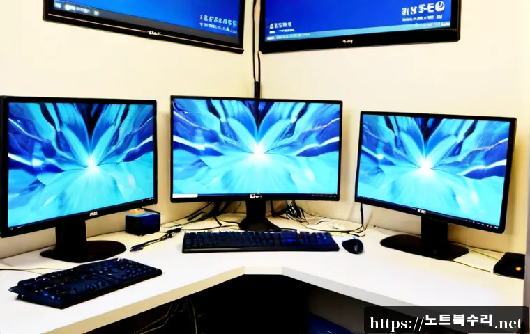 선부동 KERNEL_MODE_HEAP_CORRUPTION - Photorealistic PC repair workstation in a compact Seonbu-dong apartment office, dual monitors showin...