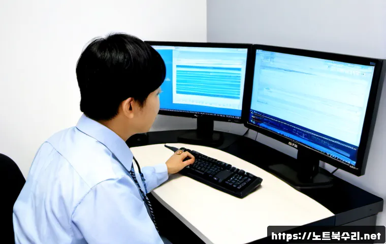 석우동 IRQL_NOT_LESS_OR_EQUAL - Photorealistic IT support workstation in a modern Seokwoo-dong office, dual monitors showing a clean...