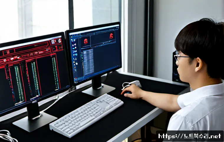 청계동 IO_DEVICE_ERROR - Photorealistic IT support workstation in Cheonggye-dong, Seoul, dual monitors showing a blank indust...