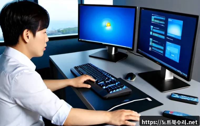 탑동 IRQL_NOT_LESS_OR_EQUAL - Photorealistic IT support workstation in a modern Topdong office, dual monitors with one showing a b...