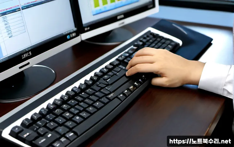 대청면 f4키 누르라고 할때 - Photorealistic remote support workstation in a quiet island township office, technician’s hand press...