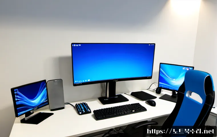 영등포구 INTERNAL_POWER_ERROR - Photorealistic IT support workstation in a modern Yeongdeungpo office, dual monitors showing an abst...