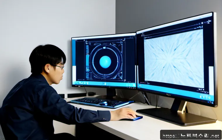 청림동 DRIVER_CAUSED_SYSTEM_CRASH - Photorealistic remote-support workstation in a compact Cheongnim-dong apartment office, dual monitor...