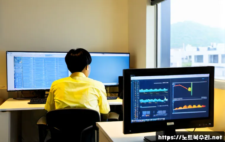 둑실동 VENDOR_DEFINED_ERROR - Photorealistic IT support workstation in a compact Duksil-dong office, technician studying an abstra...