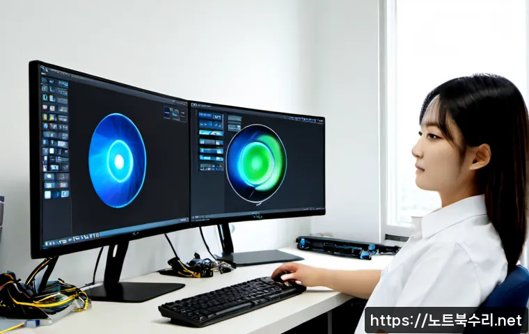 세마동 STATUS_ILLEGAL_INSTRUCTION - Photorealistic IT support workstation in a quiet suburban Korean office, dual monitors showing a cle...