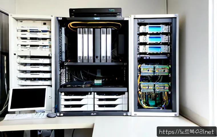 점봉동 파일서버출장방문수리점 - Photorealistic on-site file server repair in a compact Jeombong-dong office, technician connecting d...