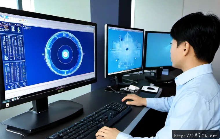평촌동 CLOCK_WATCHDOG_TIMEOUT - Photorealistic IT support workstation in a modern Pyeongchon office tower, dual monitors showing a f...
