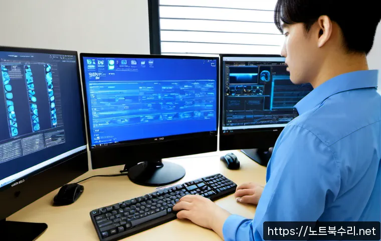 서현동 STATUS_MEMORY_VIOLATION - Photorealistic IT support workstation in a modern Seohyeon-dong apartment office, dual monitors show...