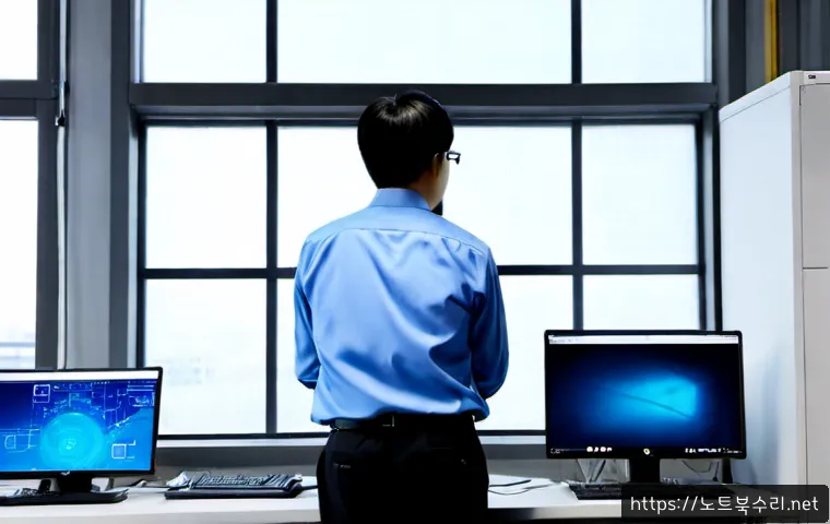 금창동 STATUS_KERNEL_RESOURCE_ERROR - Photorealistic IT support workstation in a compact Korean industrial office, dual monitors showing a...