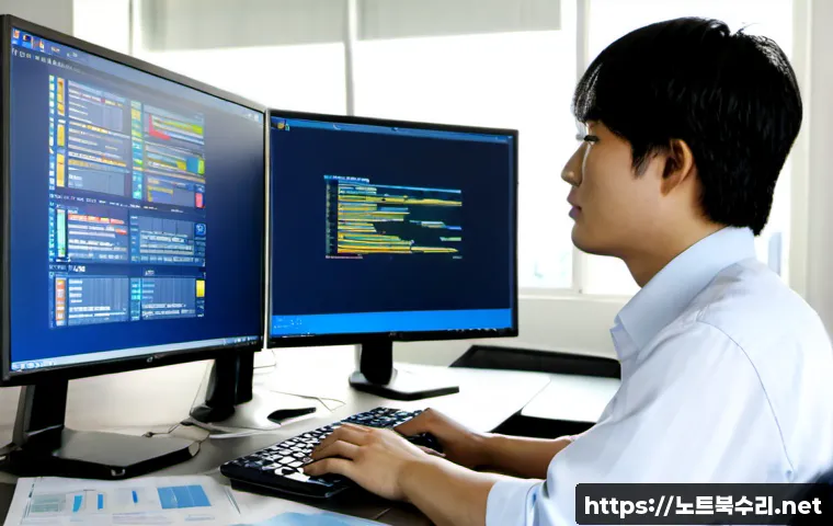 하봉암동 POOL_CORRUPTION_IN_FILE_AREA - Photorealistic IT support workstation in a compact Korean office, technician studying a dual-monitor...