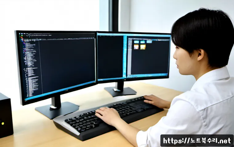 공릉동 STATUS_PROTECTION_ERROR - Photorealistic IT technician resolving a protected software access error at a dual-monitor workstati...