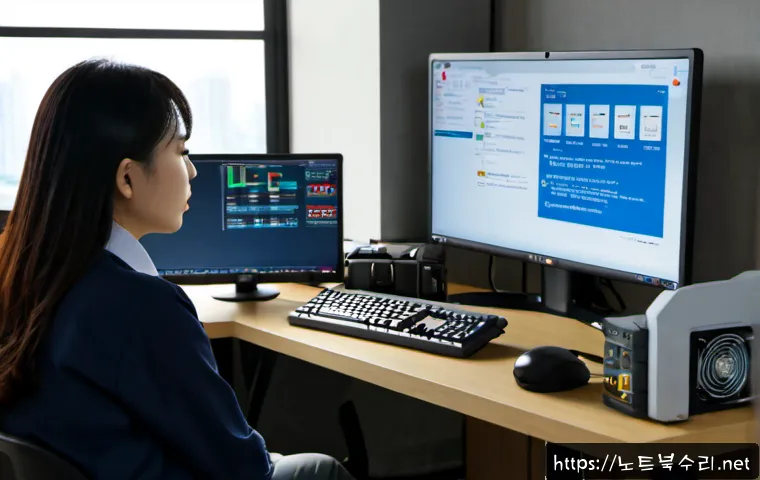 고척동 STATUS_SYSTEM_LICENSE_INVALID - Photorealistic IT support workstation in a compact Gocheok-dong apartment office, dual monitors show...