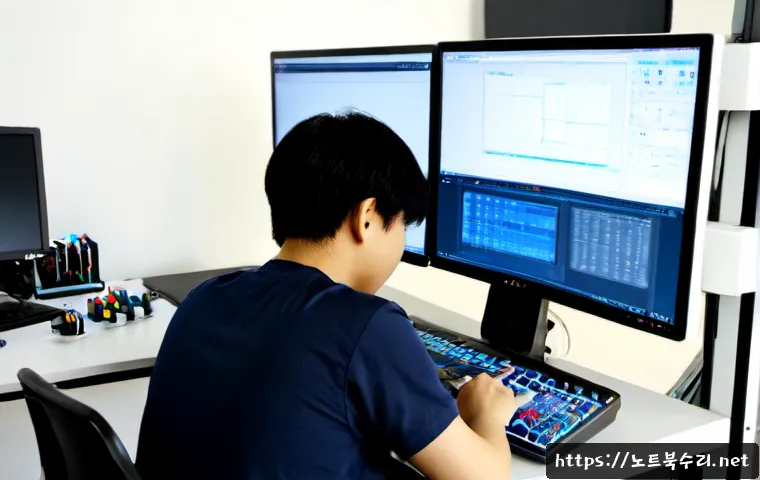 어둔동 공장초기화복구 - Photorealistic industrial design workstation in a compact Korean manufacturing district, technician ...
