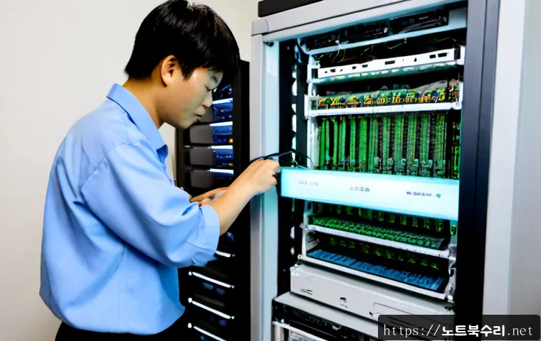 신풍동 서버출장방문수리점 - Photorealistic server repair technician servicing a compact rack server in a tidy Sinpung-dong neigh...