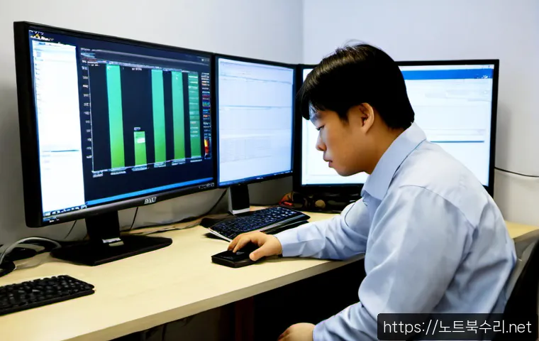 송학동 STATUS_FILE_CORRUPTION - Photorealistic IT support workstation in a compact Songhak-dong office, technician reviewing a file ...