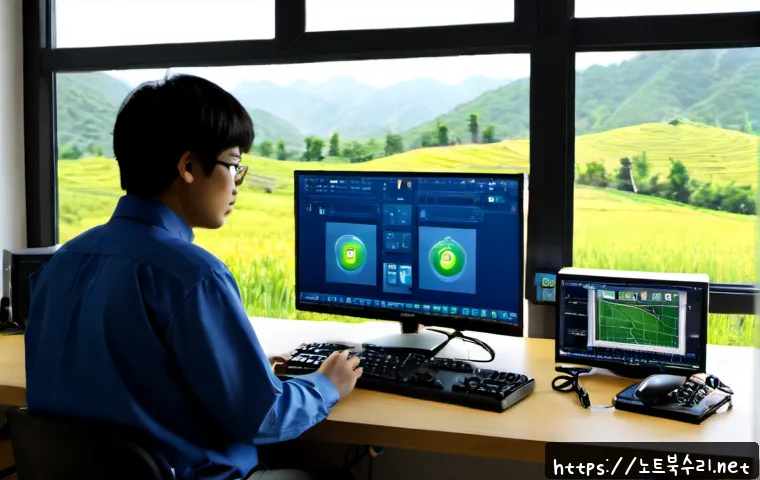 창수면 STATUS_INVALID_LOCK_SEQUENCE - Photorealistic remote-support workstation in a quiet Changsu-myeon rural office, technician studying...