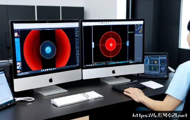 검단동 STATUS_IO_ERROR - Photorealistic IT support workstation in a modern Geomdan-dong office, dual monitors displaying a cl...