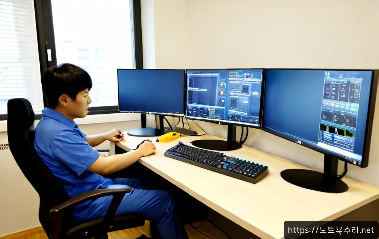 원평동 워크스테이션출장방문수리점 - Photorealistic on-site workstation repair in a compact Wonpyeong-dong design office, technician diag...
