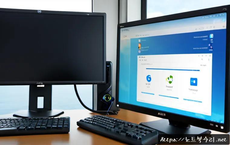 서도면 INACCESSIBLE_BOOT_DEVICE - Photorealistic remote IT support workstation in a quiet island township office, desktop monitor show...