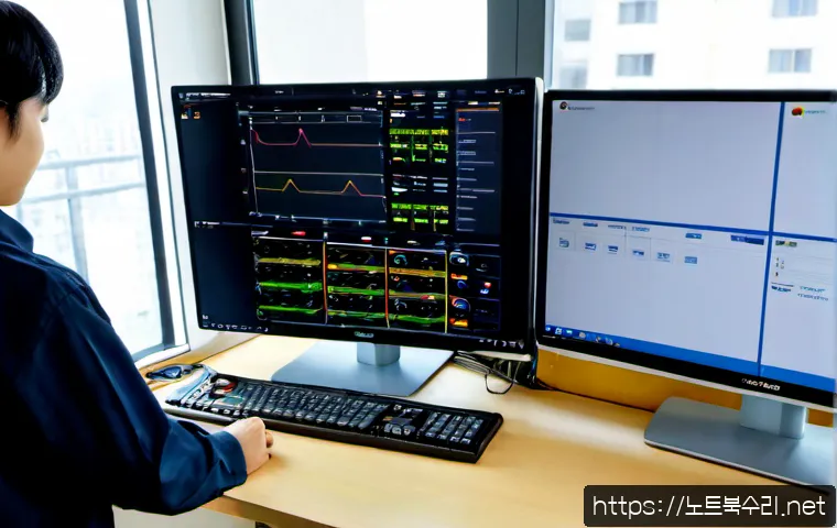 석관동 서버출장방문수리점 - Photorealistic on-site server repair in a compact Seokgwan-dong office, technician replacing a rack ...