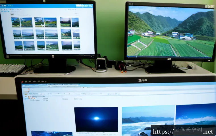선원면 STATUS_INVALID_IMAGE_FORMAT - Photorealistic IT support workstation in a quiet coastal township office, dual monitors showing abst...
