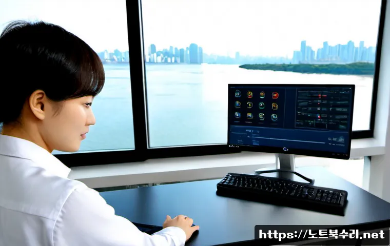 잠실동 STATUS_SECURITY_POLICY_VIOLATION - Photorealistic remote IT support workstation in a modern Jamsil-dong apartment, dual monitors showin...