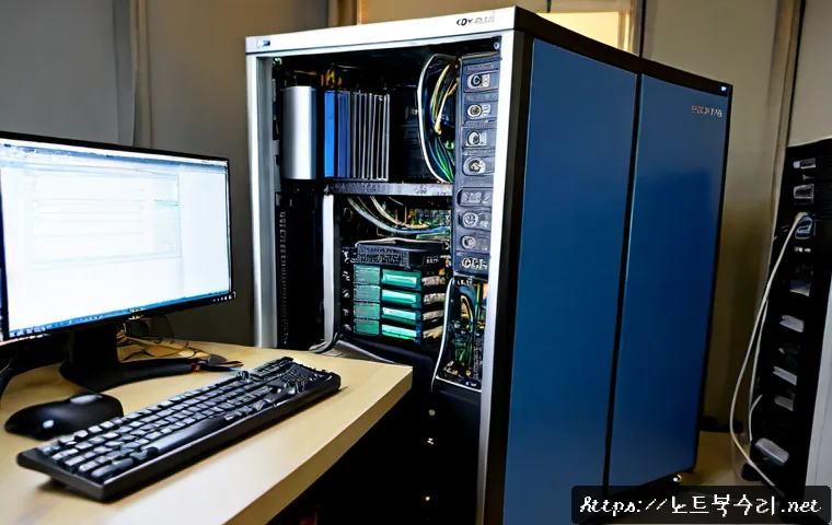 호계동 중고컴퓨터 pc 출장판매설치 - Photorealistic compact computer service workshop in Hogye-dong, refurbished desktop tower being inst...