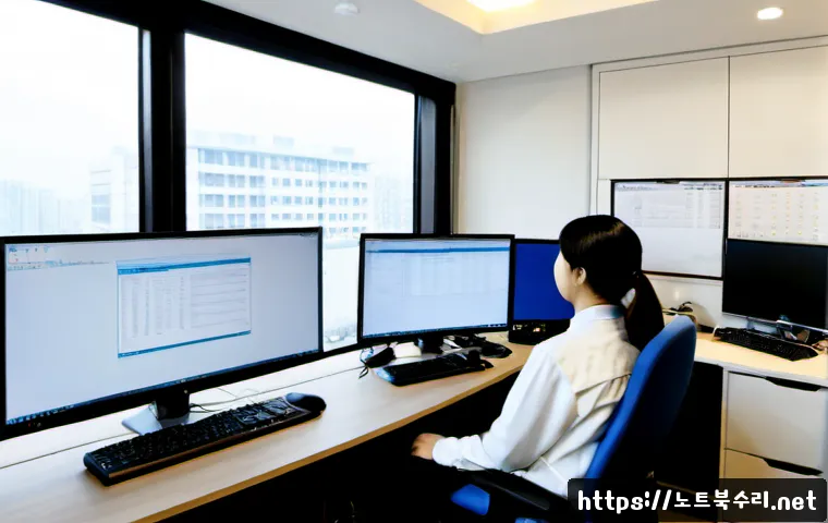 철산동 SESSION_HAS_NO_PAGEFILE - Photorealistic remote-support workstation in a compact Cheolsan-dong apartment office, dual monitors...