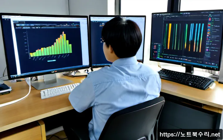심곡동 POOL_HEADER_CORRUPTION - Photorealistic IT support workstation in a compact Simgok-dong office, dual monitors showing abstrac...