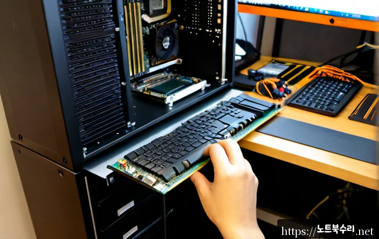 훈정동 그래픽카드조립 및 교체수리 - Photorealistic computer repair workstation, technician carefully installing a modern graphics card i...