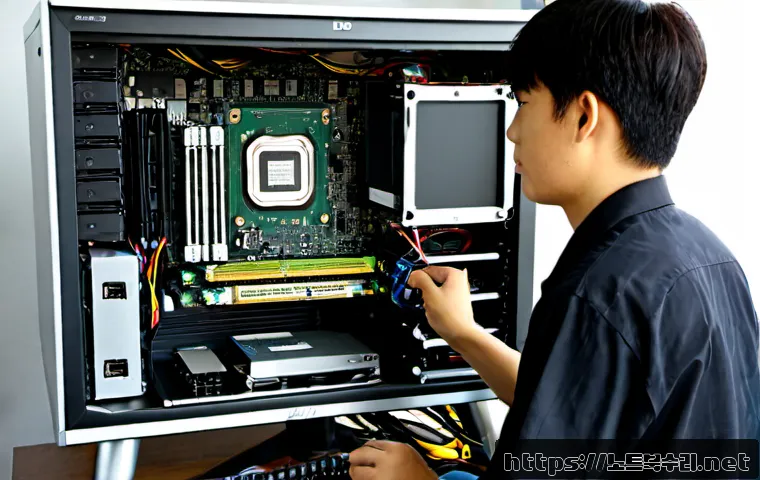 본오동 컴퓨터업그레이드 - Photorealistic desktop computer upgrade in a compact Bonodong apartment workspace, technician instal...