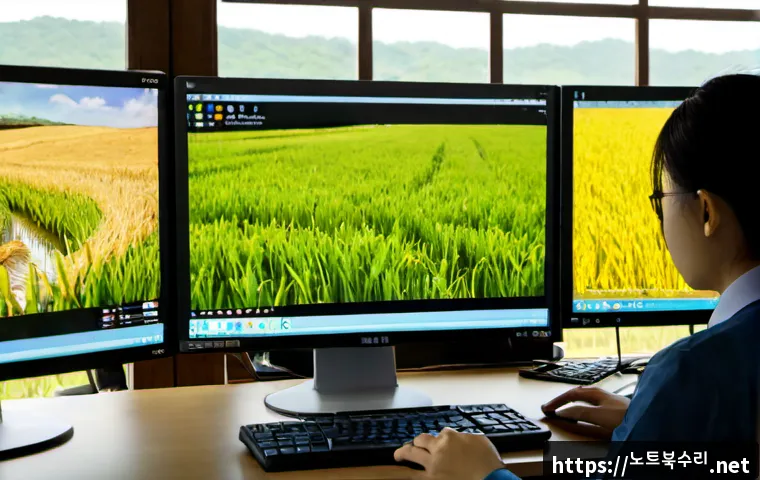 율면 UDFS_FILE_SYSTEM - Photorealistic IT support workstation in a quiet rural Korean office, dual monitors showing a clean ...