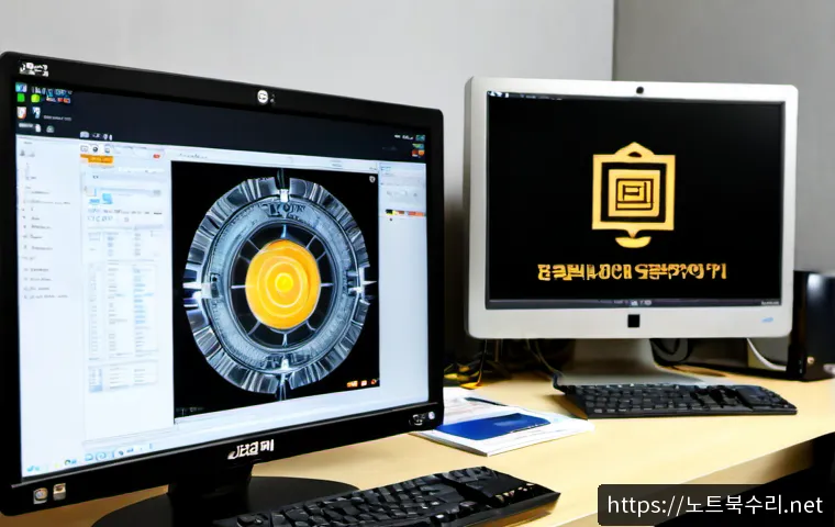 교동 NMI_HARDWARE_FAILURE - Photorealistic remote-support workstation in a compact Gyodong office, desktop computer halted on a ...