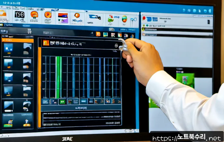장교동 신호없음 - Photorealistic IT support workstation in a compact downtown office, a desktop monitor showing a blan...