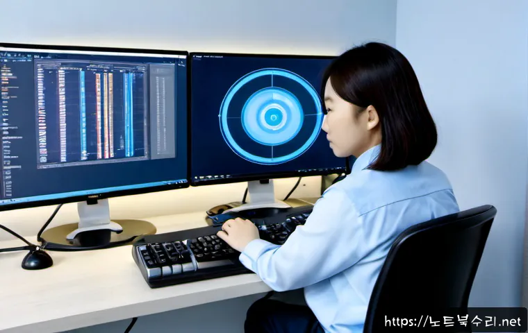 대황교동 BAD_POOL_CALLER - Photorealistic IT support workstation in a compact Korean office, dual monitors showing a clean abst...