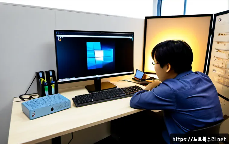 유동 부팅안됨 - Photorealistic IT support workstation, frustrated technician examining a compact desktop computer fr...