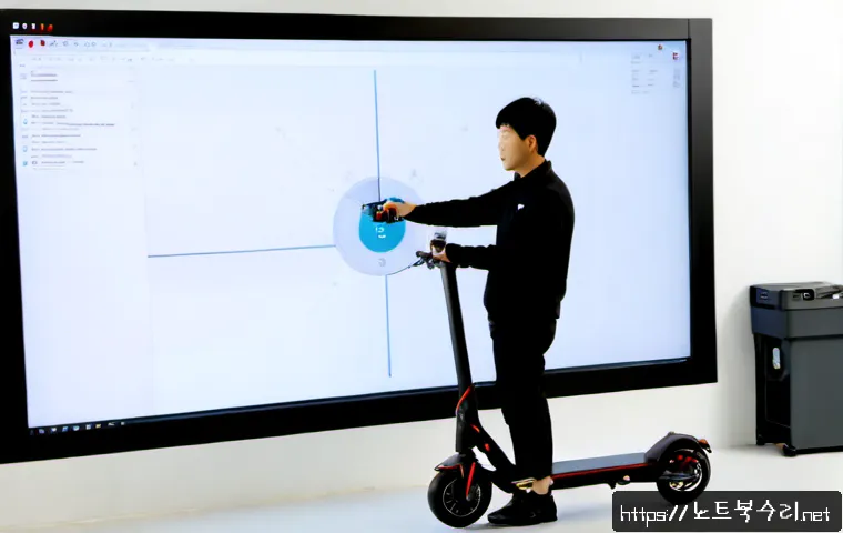전동 STATUS_FLOAT_INVALID_OPERATION - Photorealistic electric scooter engineering workstation, industrial designer reviewing a detailed 3D...