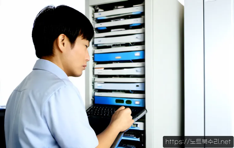 백령면 파일서버출장방문수리점 - Photorealistic island office server repair scene, technician inspecting a compact rack-mounted file ...