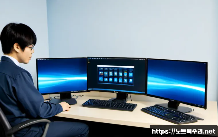 남북동 DRIVER_PORTION_MUST_BE_NONPAGED - Photorealistic IT support workstation, dual monitors showing a clean abstract system recovery interf...