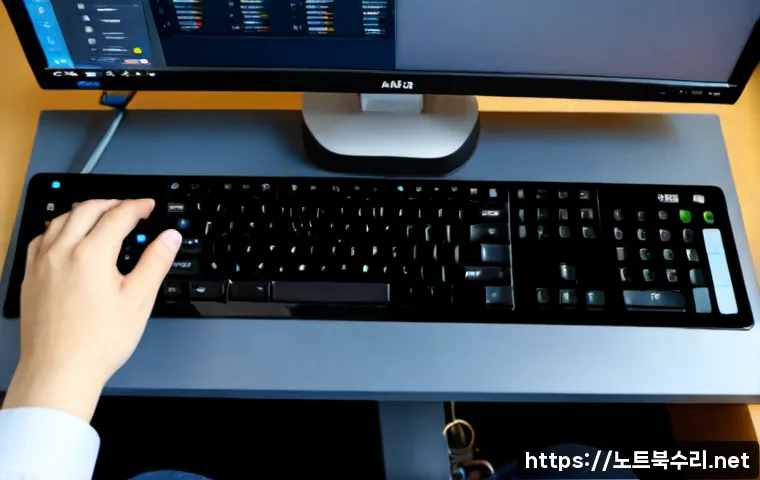 하야동 f4키 누르라고 할때 - Photorealistic remote-support workstation in Hayadong, close view of a desktop keyboard with the fou...