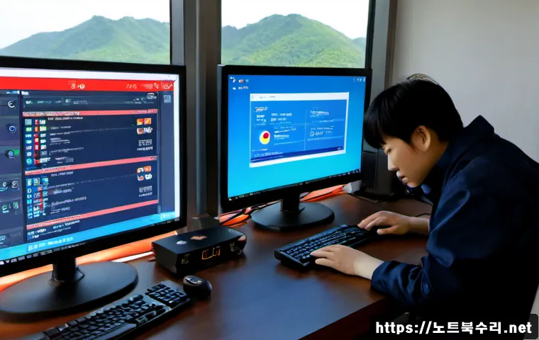유림동 SYSTEM_THREAD_EXCEPTION_NOT_HANDLED - Photorealistic remote-support workstation in a quiet Yulim-dong apartment, dual monitors showing a c...