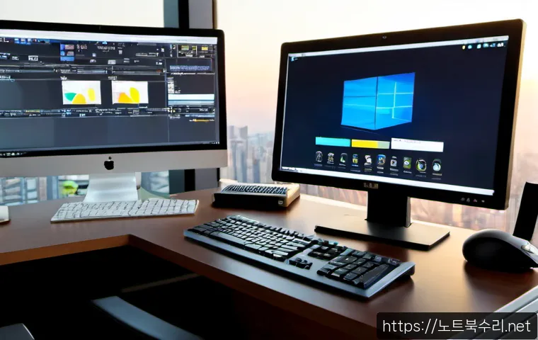 김포동 절전모드 - Photorealistic modern office workstation in Gimpo-dong, a desktop monitor showing a clean CAD-style ...