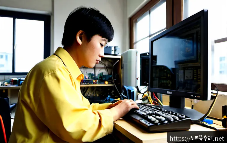 양화동 아이맥 판매 및 수리 - Photorealistic all-in-one desktop computer repair bench in a compact Yanghwa-dong electronics worksh...