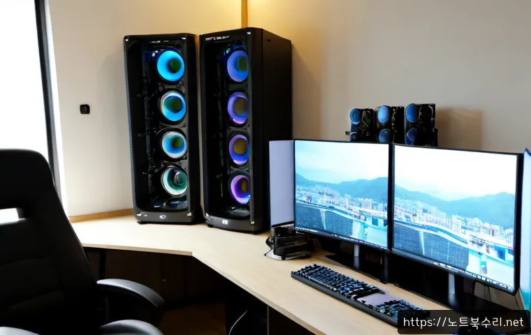 서패동 VIDEO_MEMORY_MANAGEMENT_INTERNAL - Photorealistic high-end workstation in a quiet Paju Seopae-dong home office, dual monitors showing a...