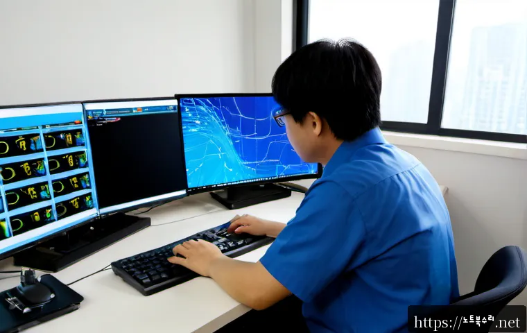미성동 STATUS_KERNEL_THREAD_FAILURE - Photorealistic IT support workstation in a compact Misung-dong office, dual monitors showing an abst...