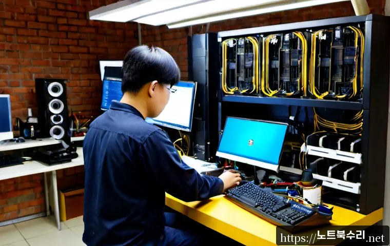 당인동 워크스테이션출장방문수리점 - Photorealistic PC workstation repair bench inside a compact Dangin-dong service shop, technician car...