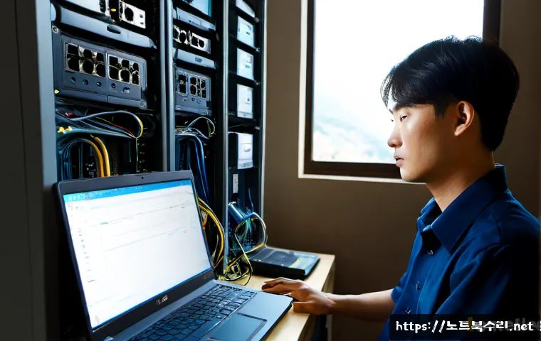 난향동 네트워크구축 설정 및 세팅오류해결 - Photorealistic IT technician configuring a compact office network in a hillside neighborhood workspa...